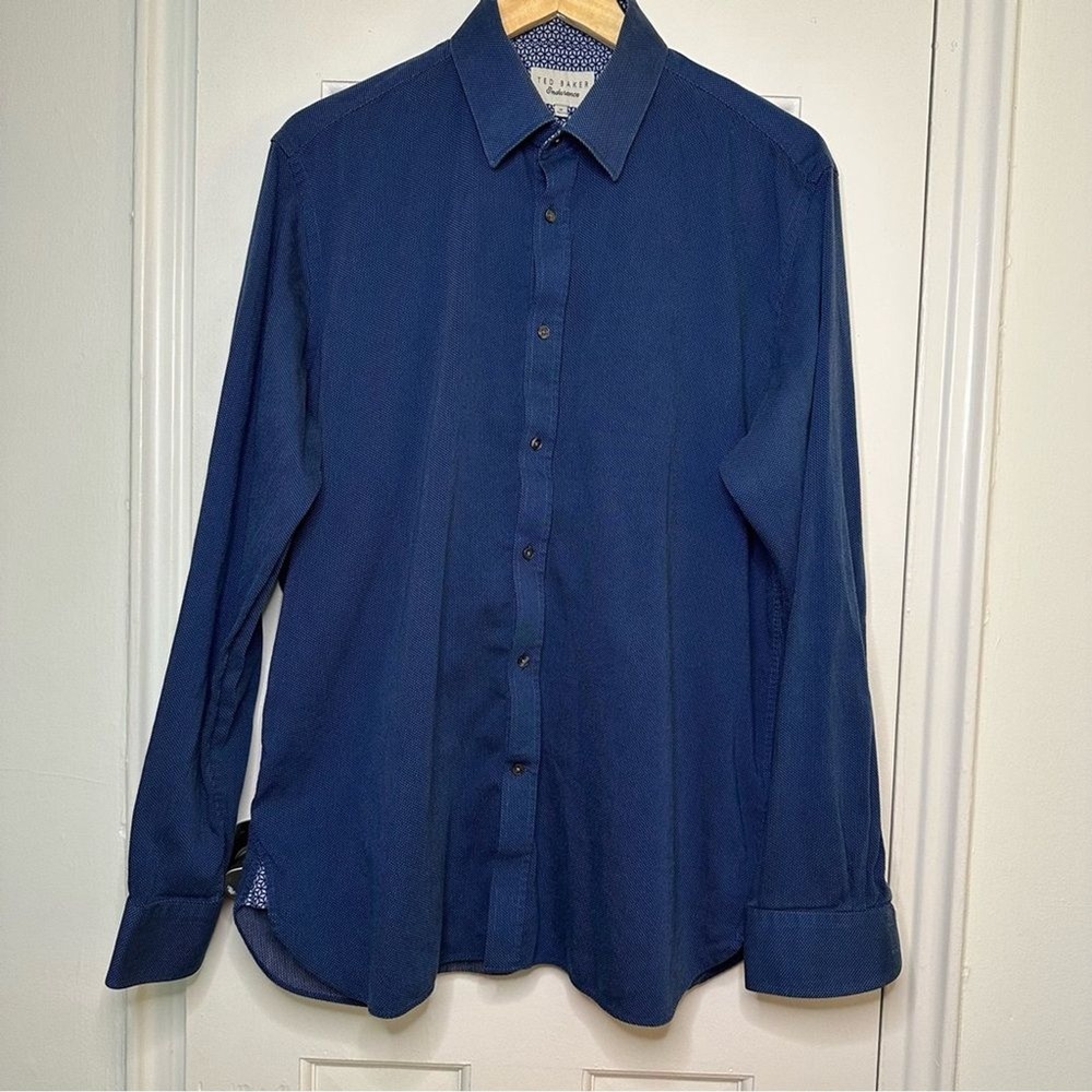 TED BAKER Blue Endurance Button Down Shirt 17 (US 2XL) Geometric Pattern Lining